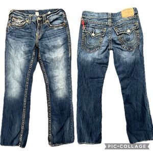 True Religion Men’s Jeans 32 Straight Flap Big T Stitch Natural Blue Distressed